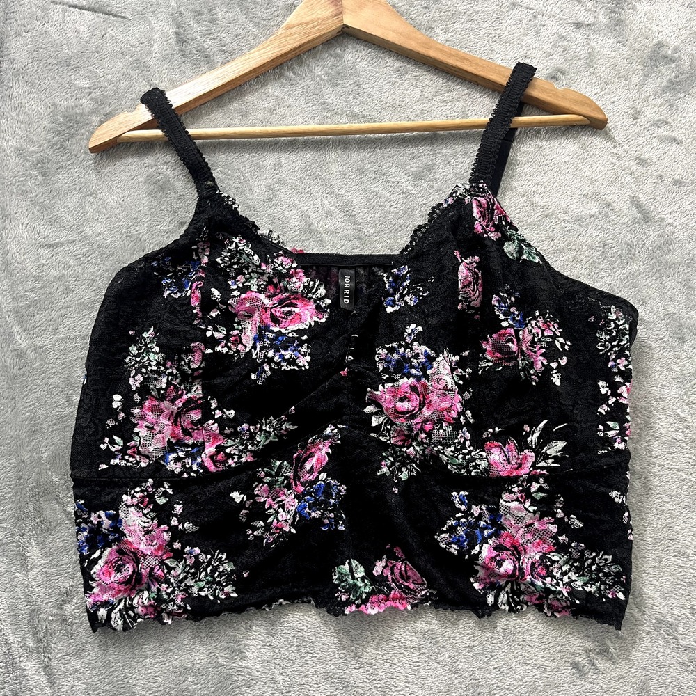 Torrid Floral Lace Cami Top Black Pink Rose V-Neck Adjustable Straps Size 4